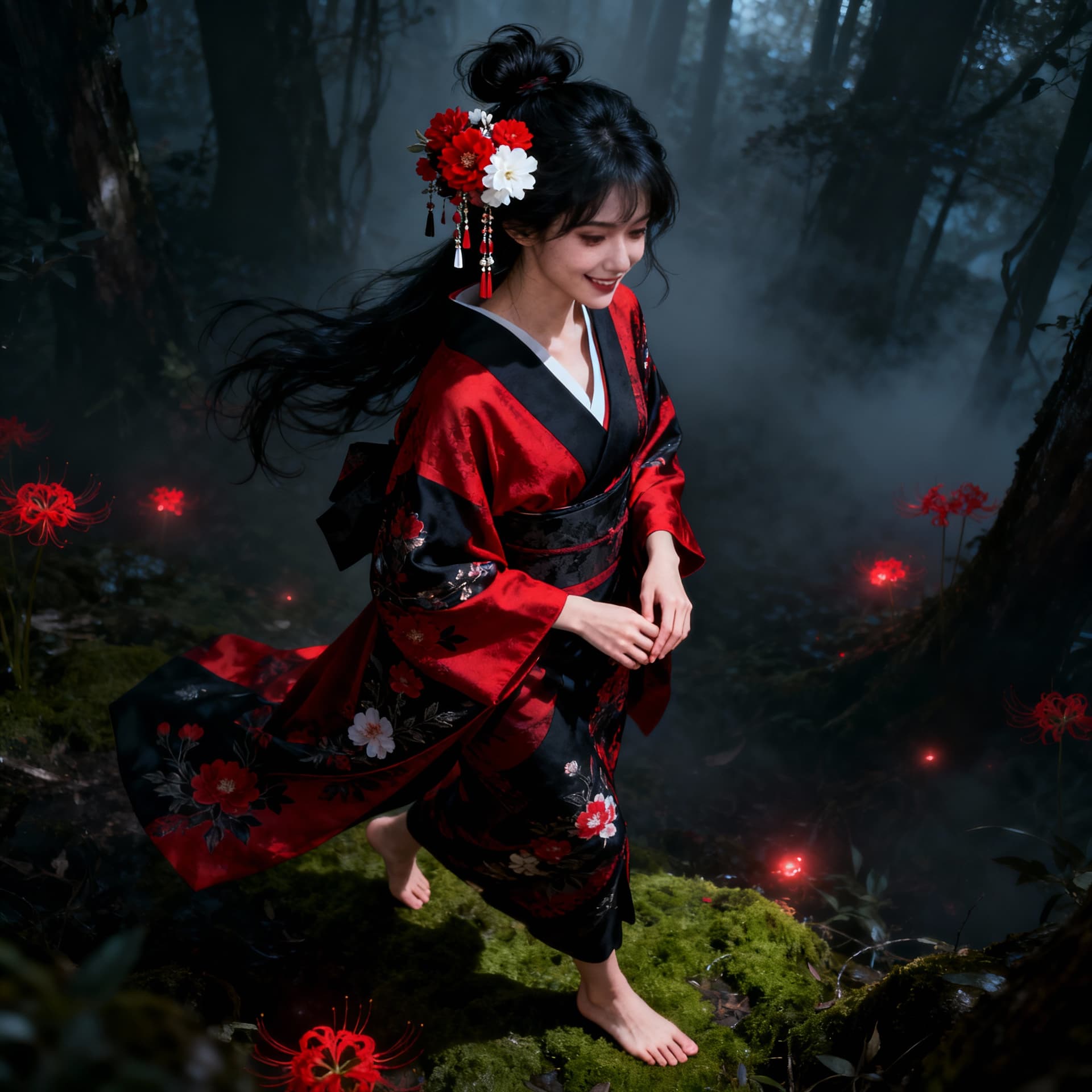 AI generated: 3-quarter view from above of A stunning, elegant woman in a dark, enchanted forest walks barefoot, s...