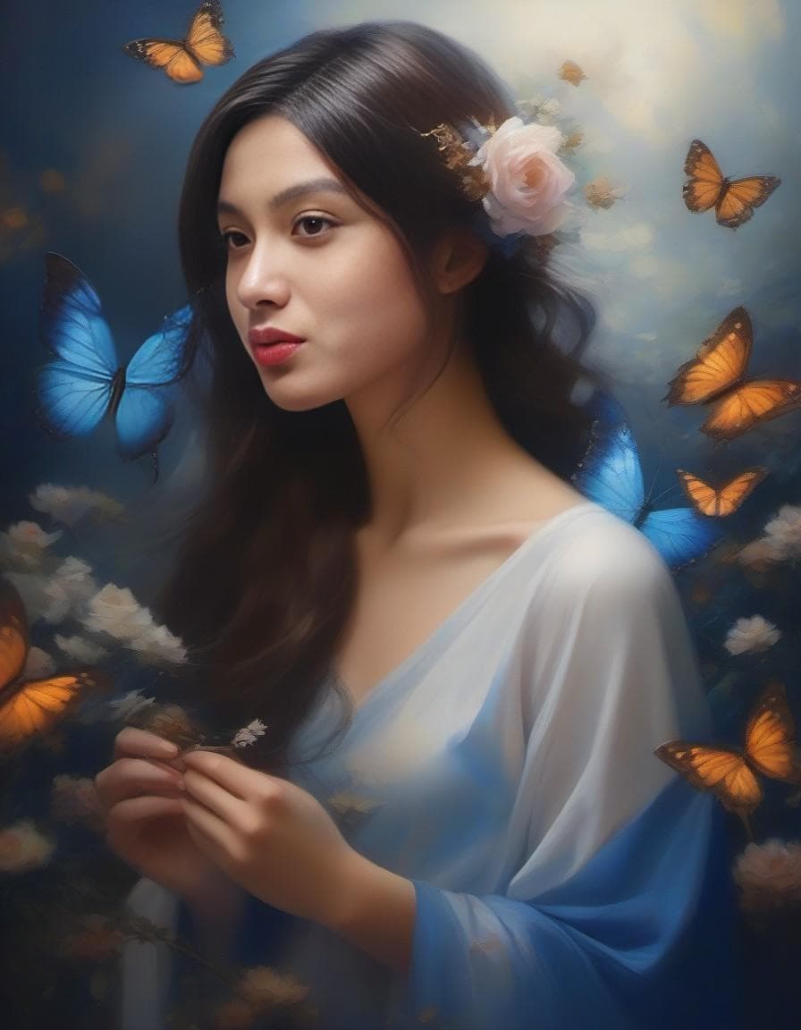 AI generated: butterfly fairy, wings, flowers, beautiful girl, oil painting, light navy and dark bronze, realistic...
