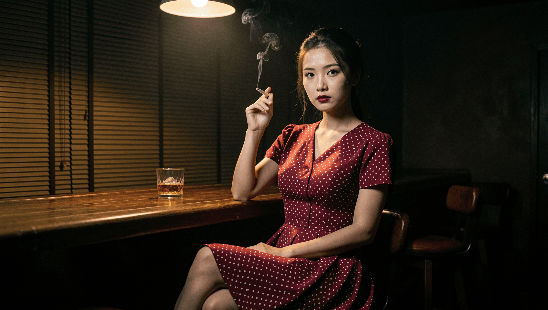 AI generated: Asian woman in her twenties with sharp, symmetrical facial features and a mysterious, cold gaze lean...