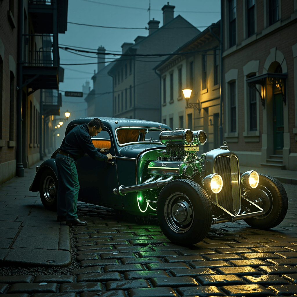 AI generated: Moody, cinematic concept art of a rain-slicked, cobblestone street at night. A mechanic in 1940s att...