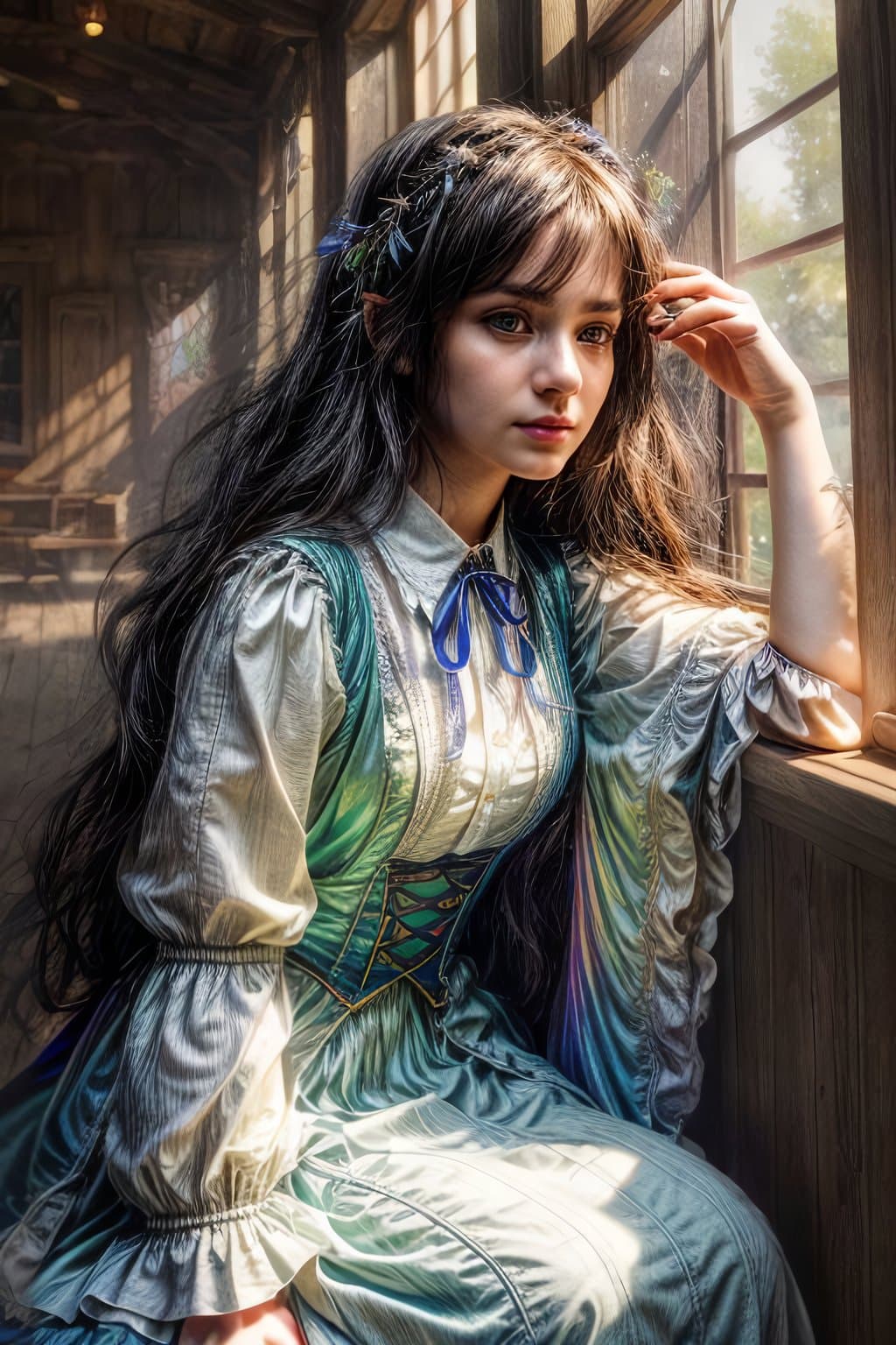 AI generated: close up shot, cinematic shot, a mythical young witch sitting near window, enjoying afternoon time, ...