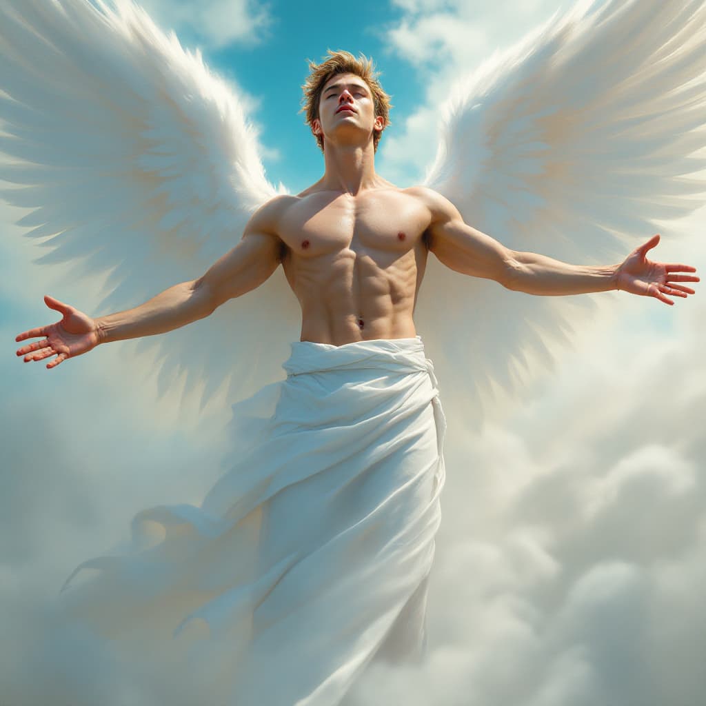 AI generated: An artist's drawing of a masculine male, a strong angel, light brown hair, a clean-shaven face, arms...