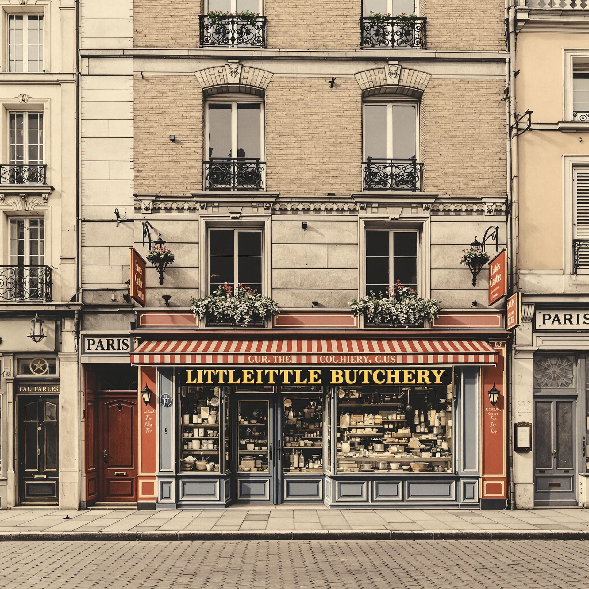 AI generated: Paris 1880, hyperrealistic illustration, a facade of a little butchery, front view, elevation, in co...