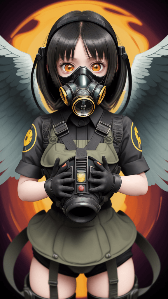 AI generated: complex background portrait of little 
Angel woman. Wearing a gas mask. Prominent eyes, complex back...