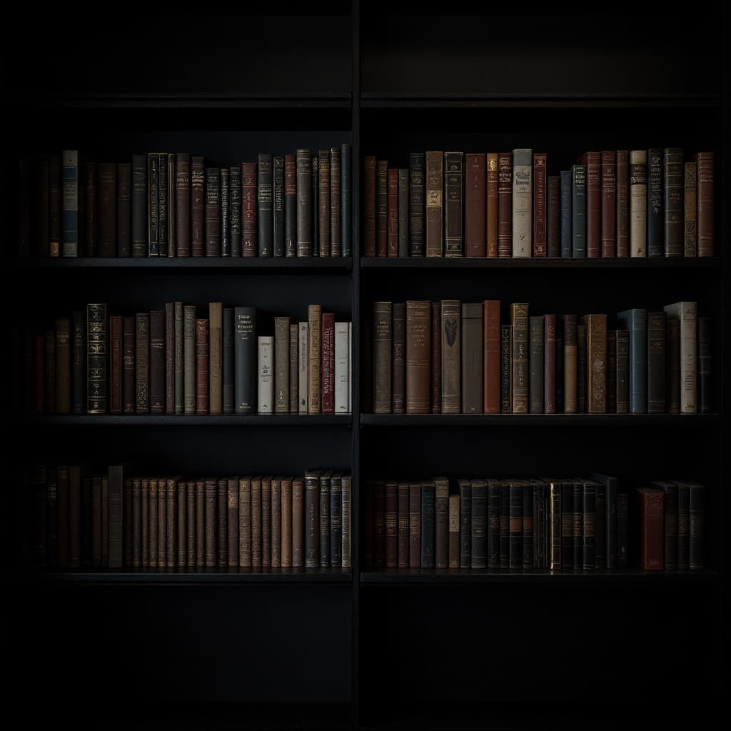 AI generated: Darker photography of shelves with different books 