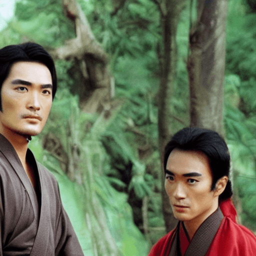 AI generated: handsome wuxia hero, man, male, combination of takeshi kaneshiro and mark dacascos in a battle in a ...