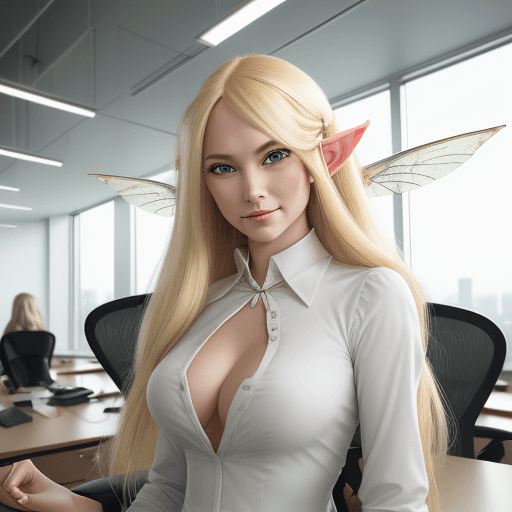 AI generated: A gorgeous business woman, with long flowing blonde hair, with fairy wings and elf ears, standing in...