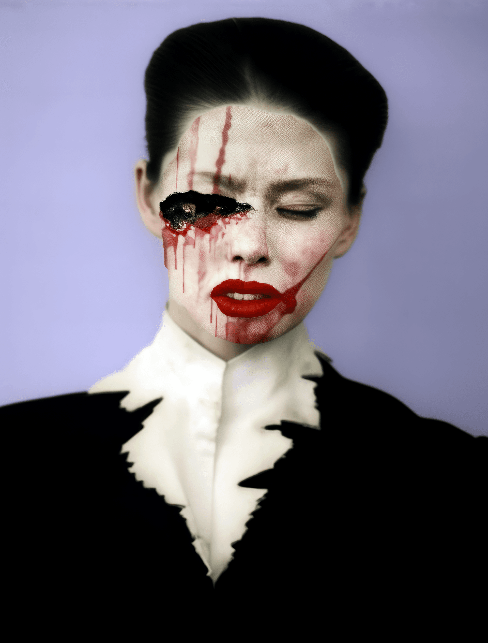 AI generated: woman with red lipstick, in the style of nightmarish imagery, androgynous, chen zhen, theatrical ges...
