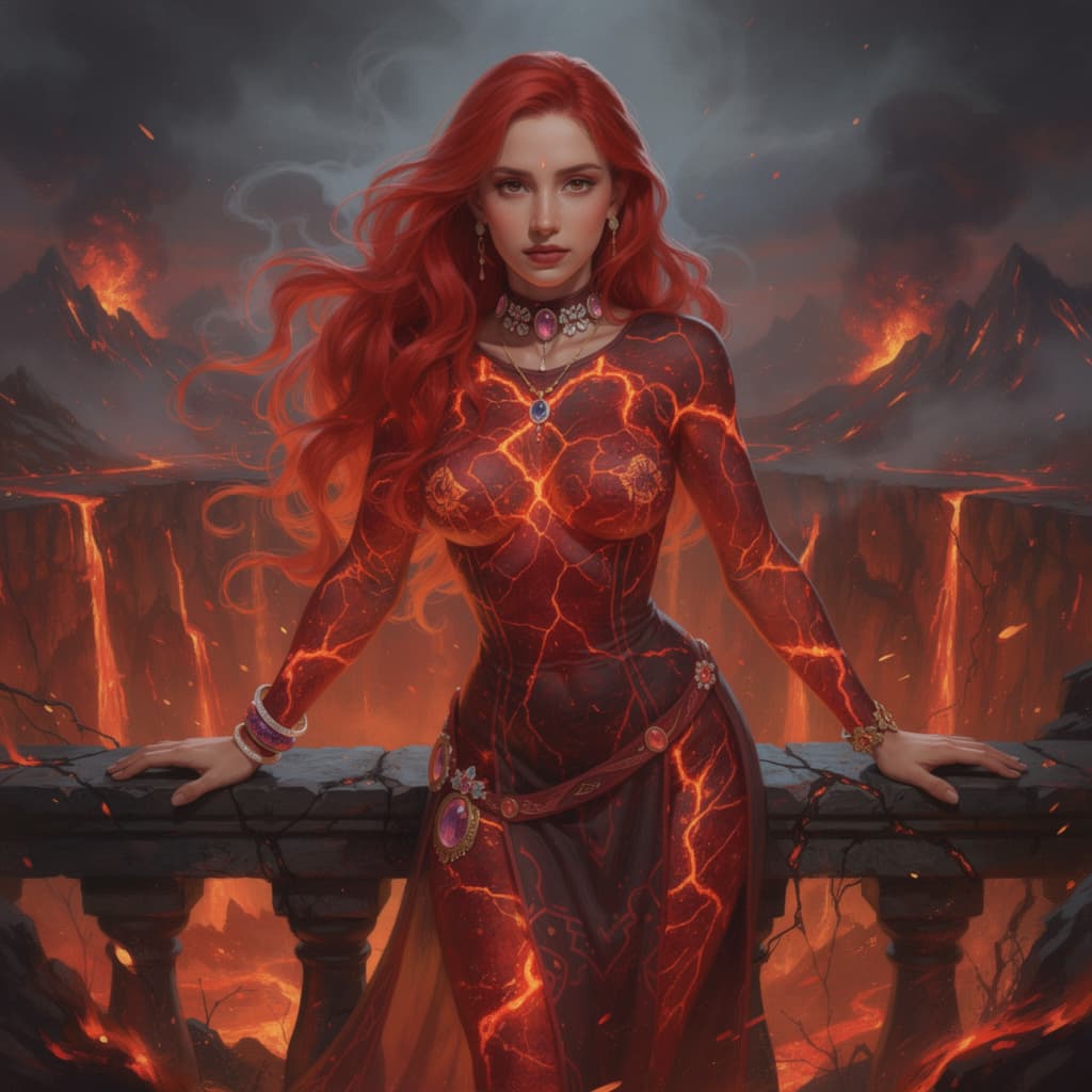 AI generated: A curvy young female with long, wavy flame-red hair cascading over her shoulders leans over a volcan...