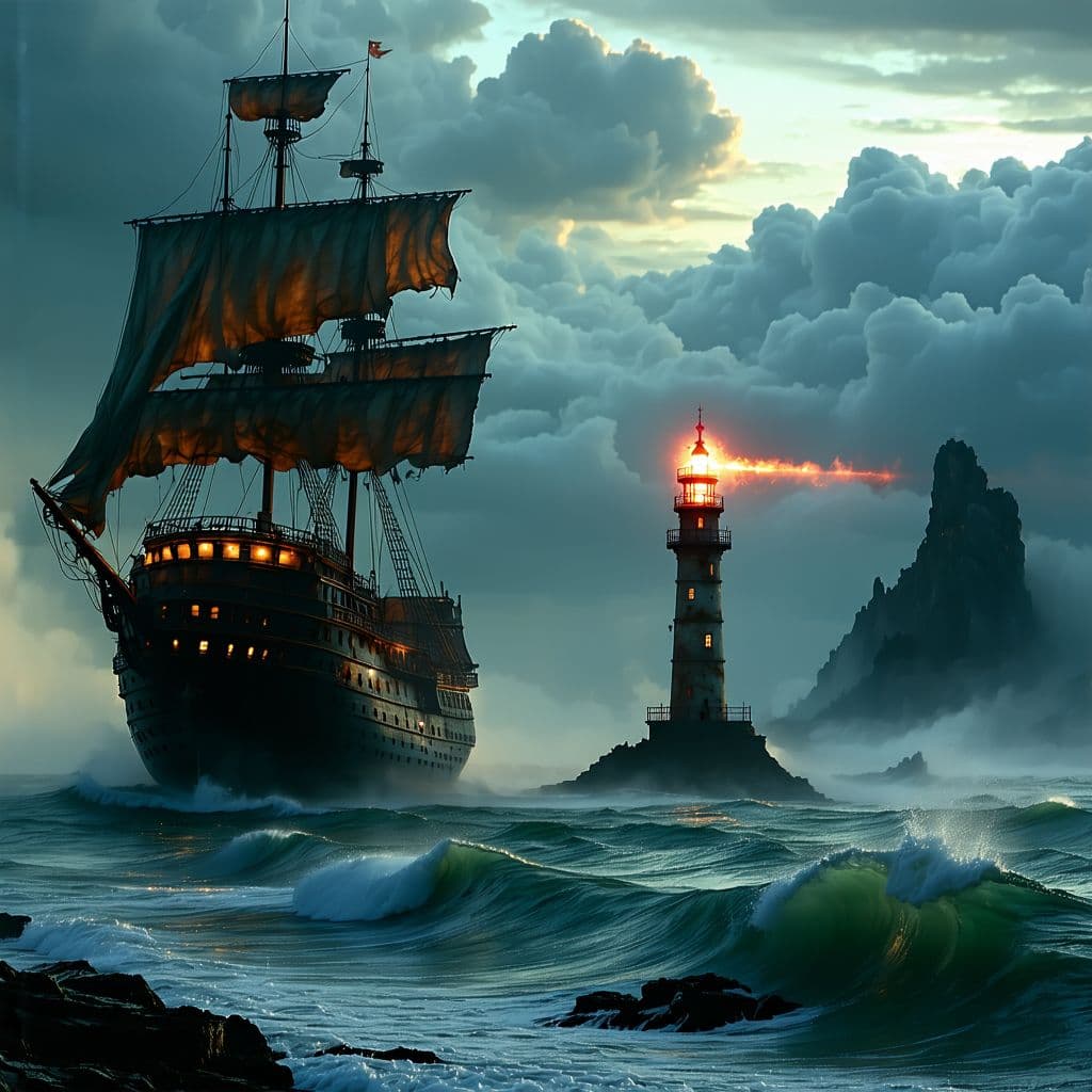 AI generated: Imagine a steampunk, rusty tall ship, ghostly as it sails through(( thick sea fog ))in the style of ...