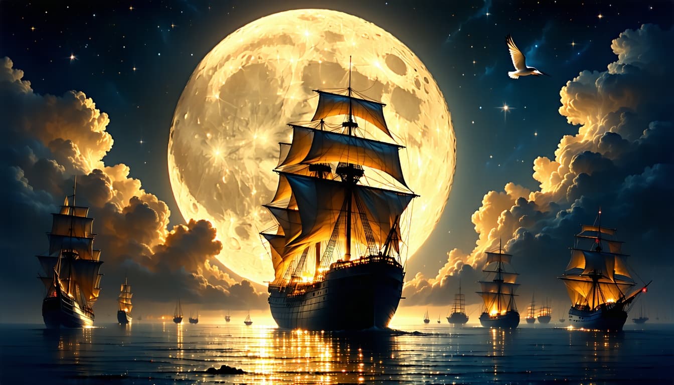 AI generated: A dramatic fantasy maritime scene featuring a large multi-masted sailing ship illuminated by an enor...