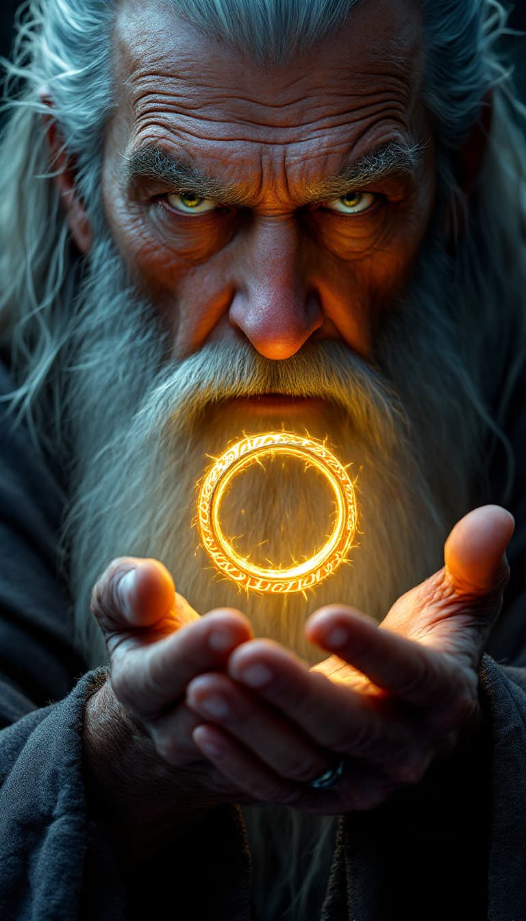 AI generated: A hyperrealistic close-up, half-figure portrait of Gandalf the Grey, his intense gaze focused downwa...