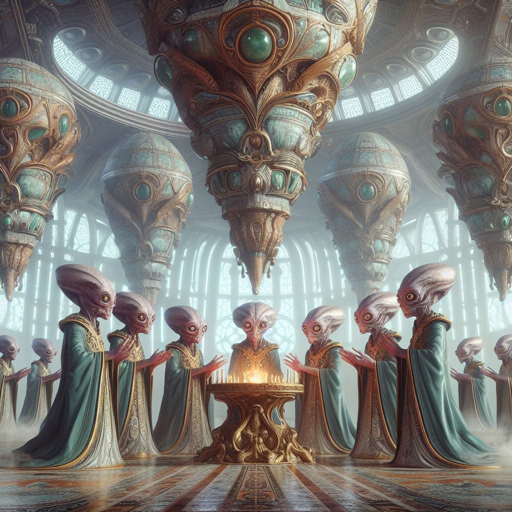 AI generated: A group of alien ( squirrel-emu ) priests (detailed faces) of an extraterrestrial cult performing st...