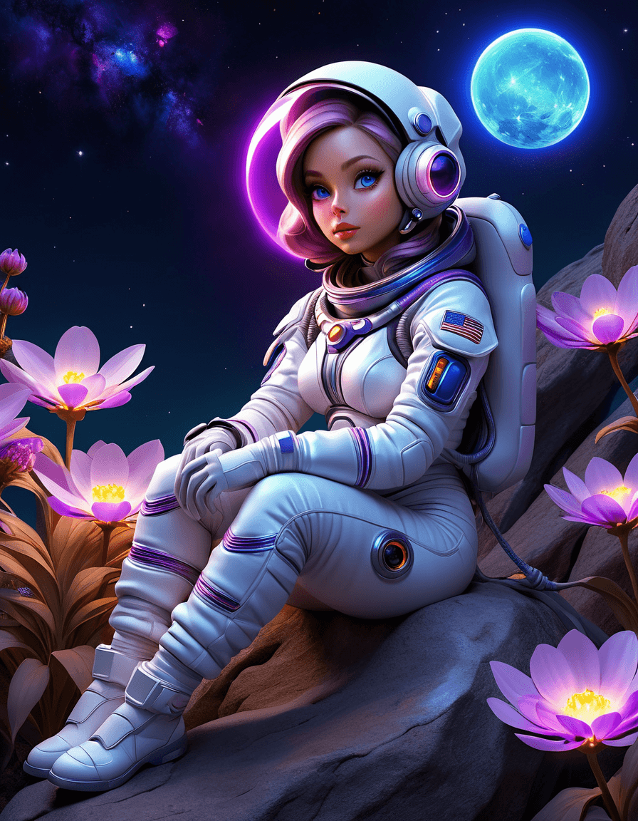 AI generated: digital art, dream fantasy, full length of a woman sitting on a rock wearing a space suit, surrounde...