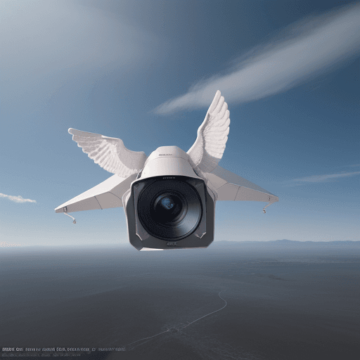 AI generated:  surveilance camera  equipped with  animal  wings   hovering  the  sky. cinematic, hyper realism, hi...