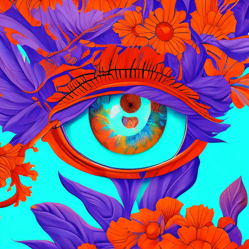 AI generated: a  painting of an eye with purple and orange flowers, in the style of james jean, mysterious jungle,...