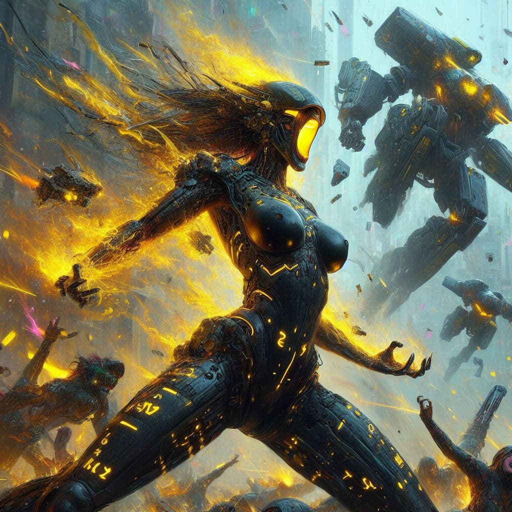 AI generated: painterly style, photorealistic, detailed flying debris, more colorful, a screaming in rage cyberpun...