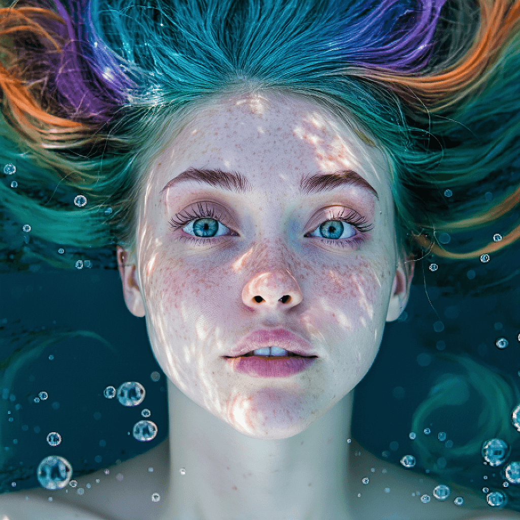 AI generated: Frontal portrait of a whimsical and colorful woman resembling a mermaid or siren. Fair complexion, y...