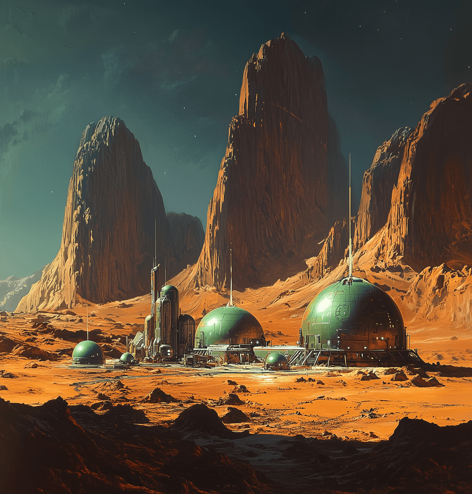 AI generated: A small space station in the foreground, green domes on alien terrain with large brown mountains in ...