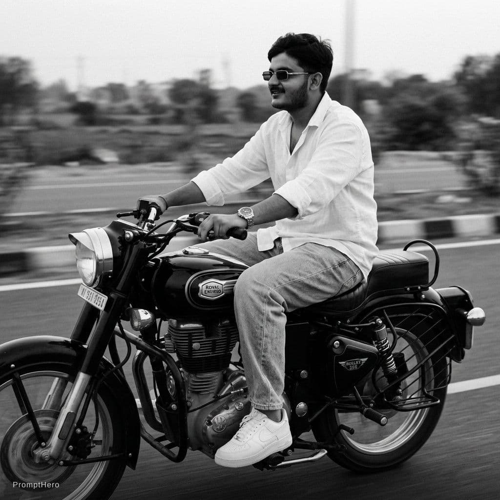 AI generated: Turn this photo into A slim-fi
5'9young man riding his black
Roval
Enfield Bullet 350, glancing
conf...