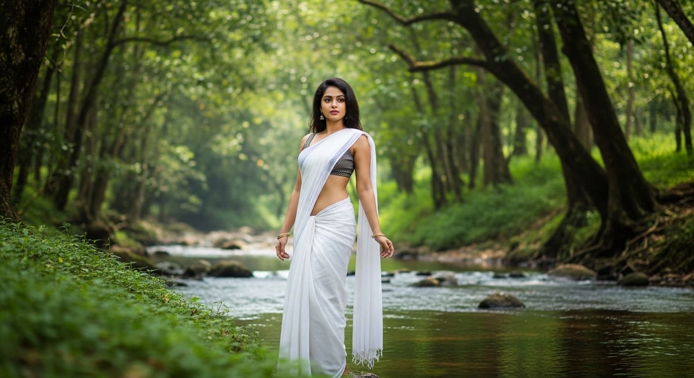 AI generated: Young Malayalam Actress Parayaga Martin in a white saree posing like an apsara near a natural stream...