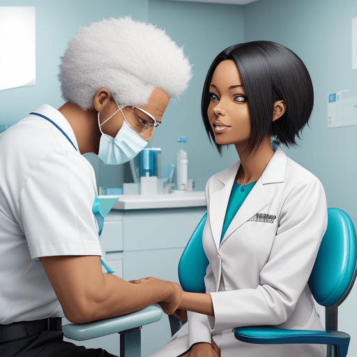 AI generated: Anime like image of a dentist giving advice to a patient in a clinic. Make the dentist African ameri...