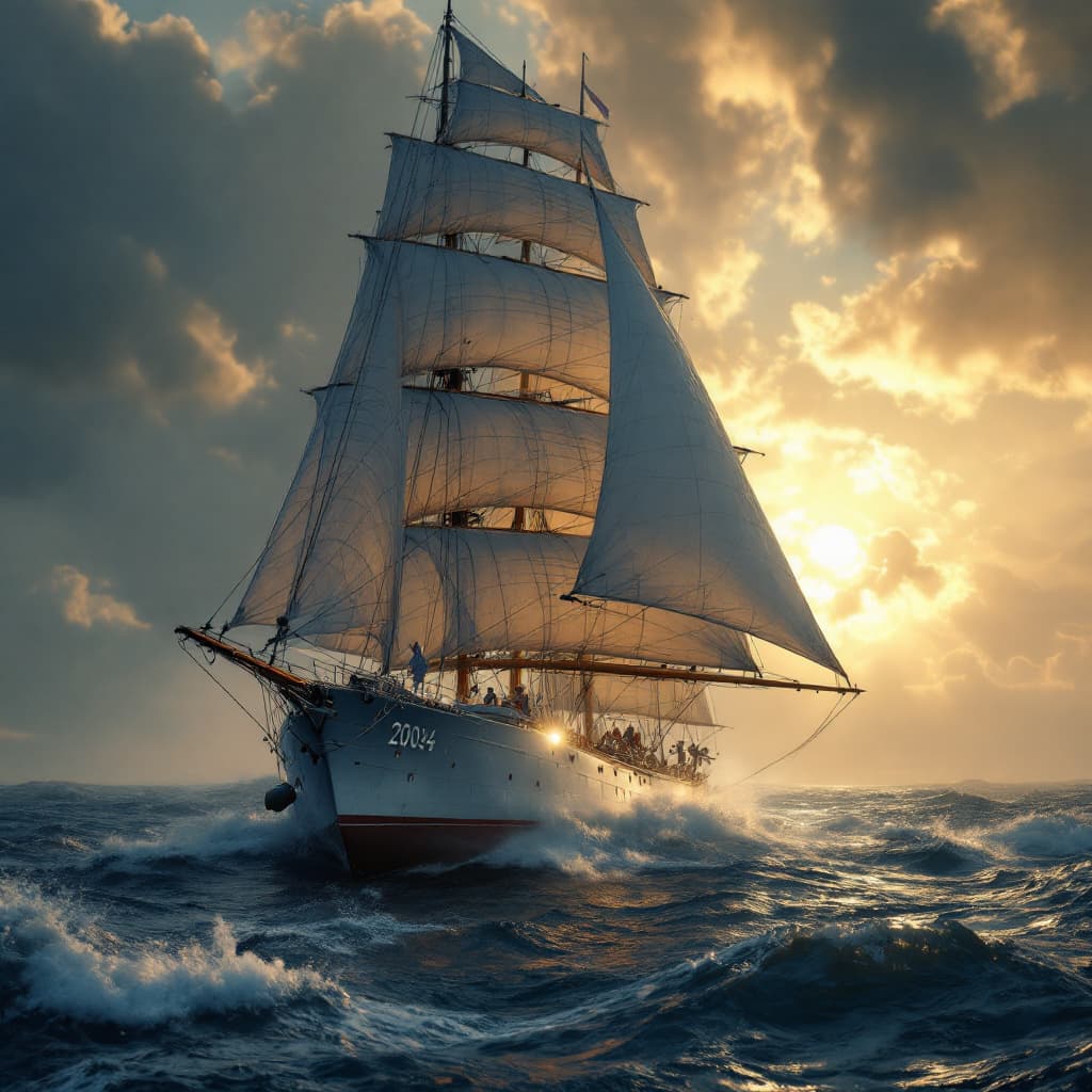 AI generated: Photo of a ultra realistic racing  yacht from 2045, stormy seas, leaning right, coming right at me  ...