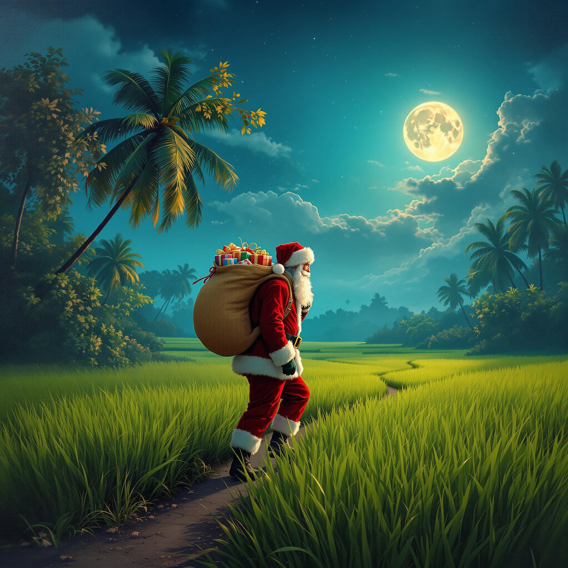 AI generated: Photo realistic image of Santa Claus, carrying a sack of gifts, strolls through a serene Kerala padd...