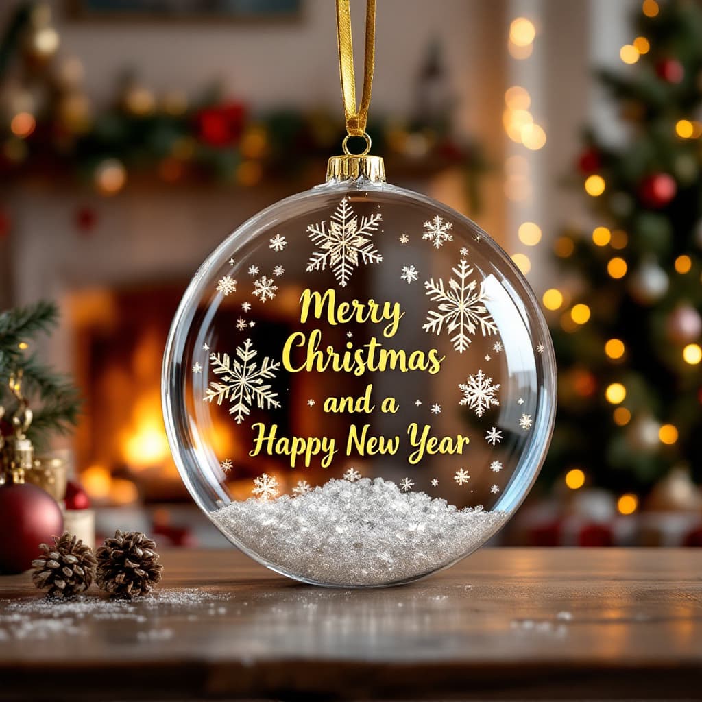 AI generated:  a translucent crystal ornament with beautiful snowflakes and the name "Merry Christmas and a Happy ...