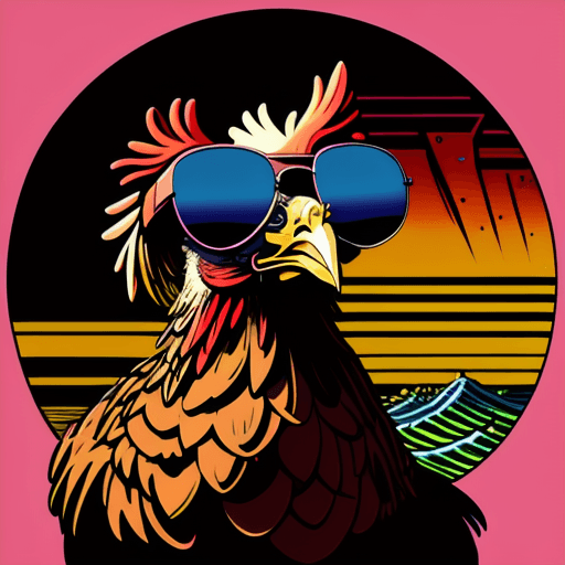 AI generated: 80s retro t-shirt design graphic of a synth wave chicken wearing sunglasses in front of a minimalist...