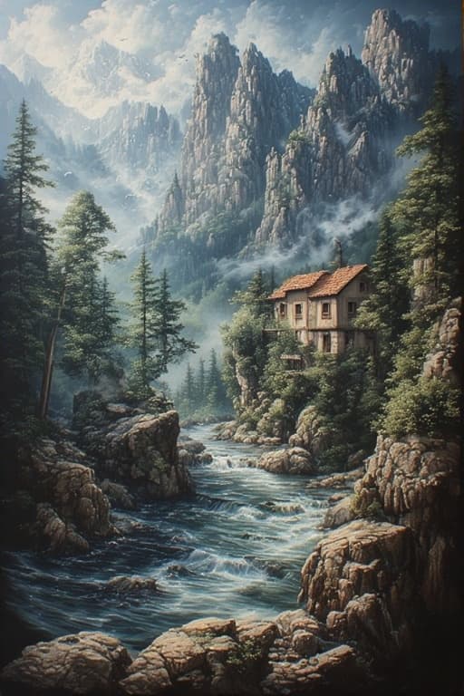 AI generated: /imagine Majestic mountain landscape with a cascading river, a quaint cabin nestled on the rocky cli...
