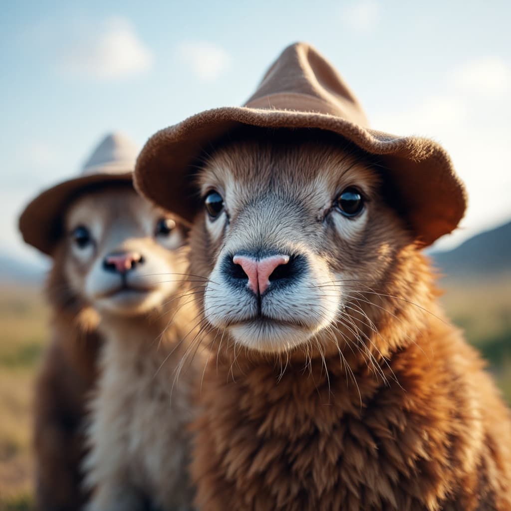 AI generated: Close-Up Animals with a Wide Angle Lens Wearing Hats