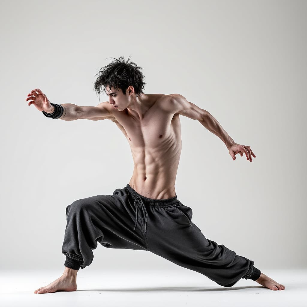 AI generated: very extremely skinny 19-year-old goth guy in sweatpants and shirtless, performing what he imagines ...