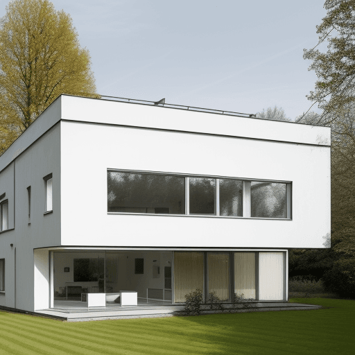 AI generated: modern house in Bauhaus Dessau style, big windows towards a nice clean garden with apple trees and  ...
