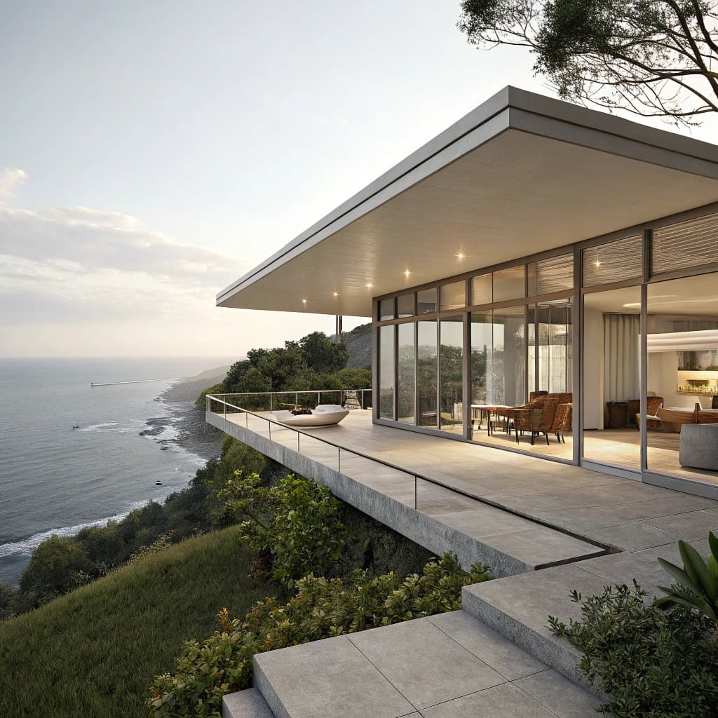 AI generated: Hyper realistic eye level exterior photo of a mid century modern style house overlooking the ocean, ...
