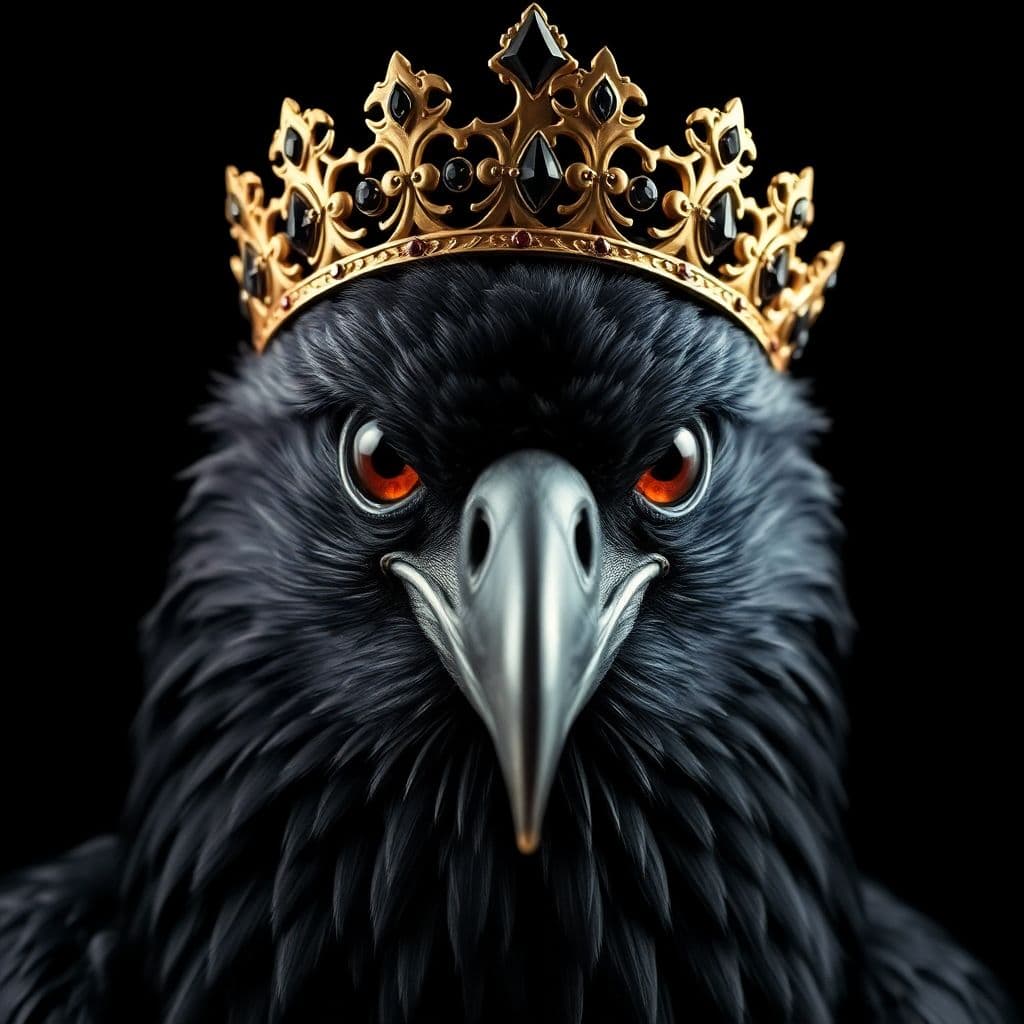 AI generated: Un cuervo realista con plumaje negro brillante y ojos penetrantes, con una expresión seria y majestu...