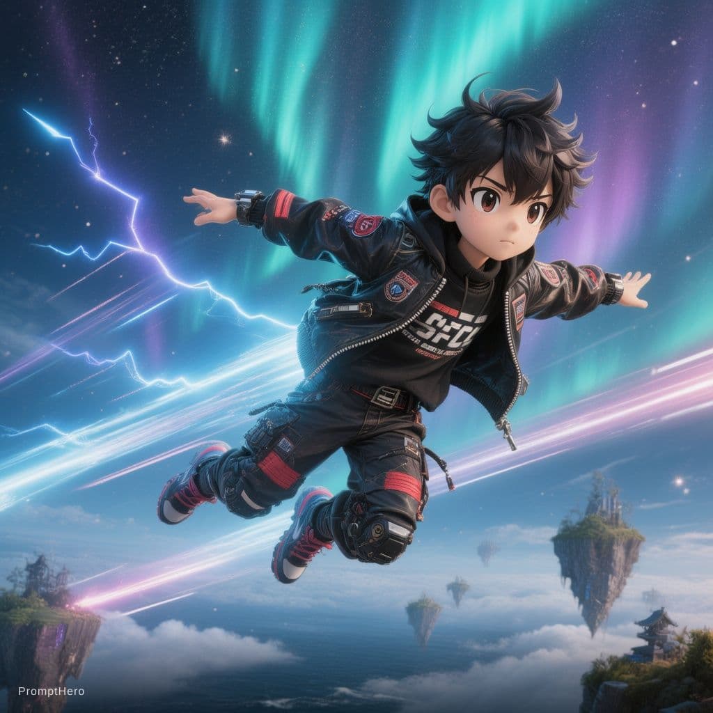 AI generated: Character: A 3D anime-style boy, not real life! Handsome anime face, techwear, high-speed dive fligh...