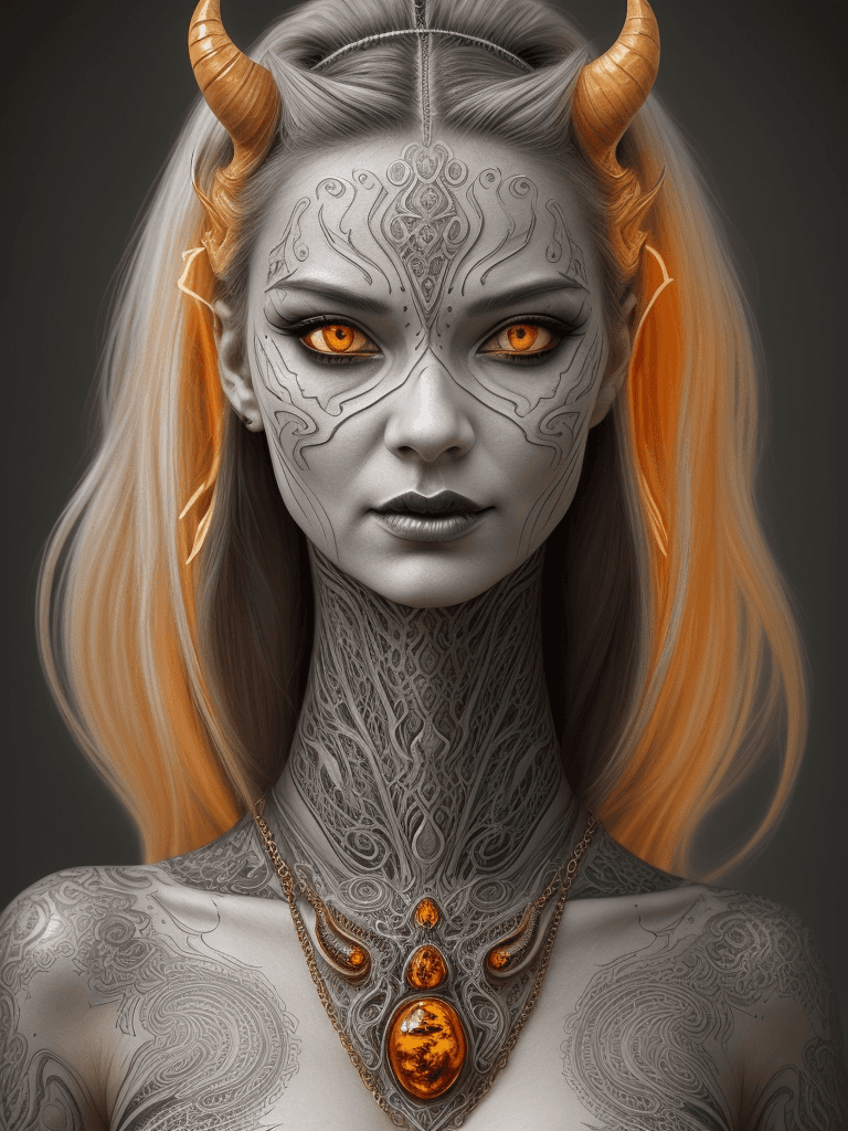 AI generated: the face of a woman dressed in demon attire, in the style of light gray and light gold, vibrant illu...