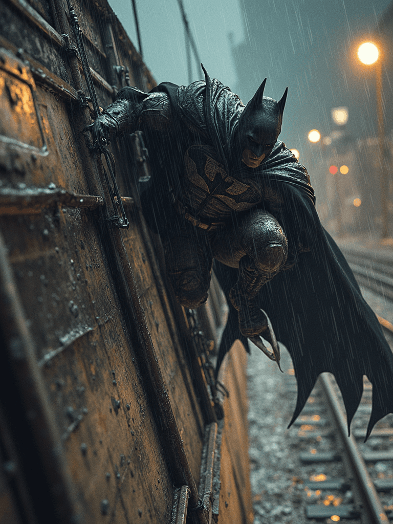 AI generated:  (masterpiece, ultra-detailed, high contrast), close-up of Batman’s determined expression as he prep...