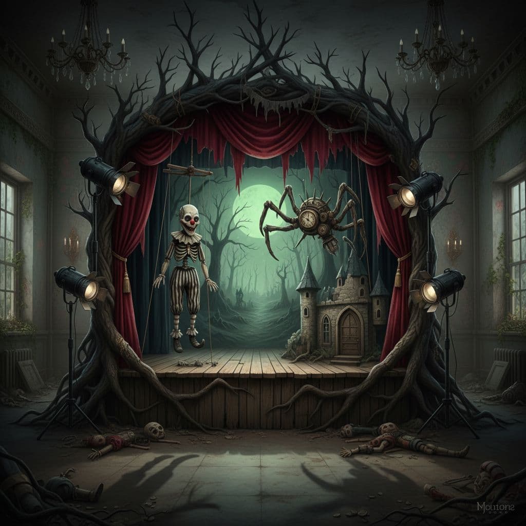 AI generated: A macabre puppet theater stage in an abandoned mansion