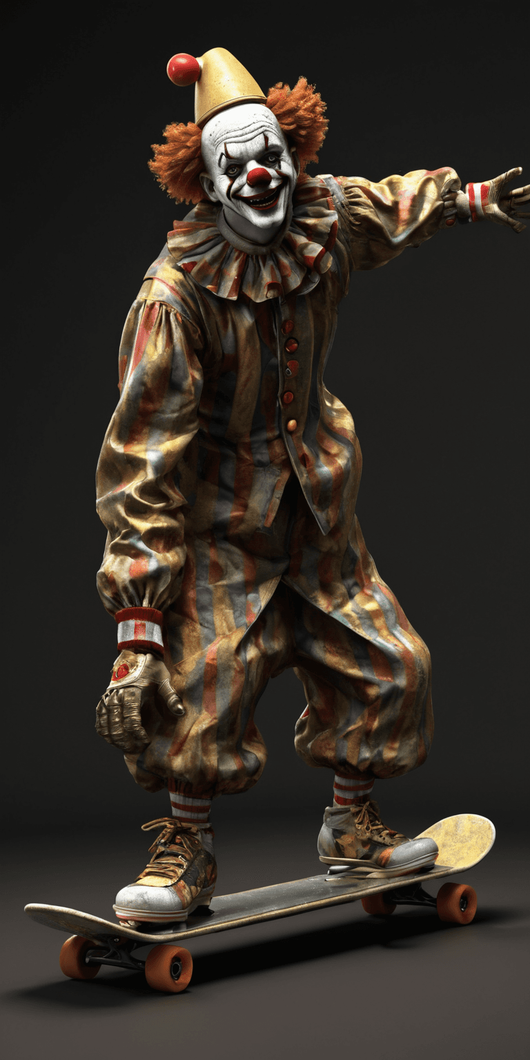 AI generated: Skateboarding clown, Digital rendering, 3D modeling, Contemporary era, High contrast with dark and g...
