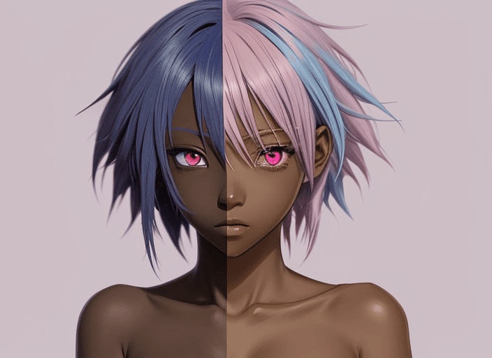 AI generated: Anime, no appearance of hands, dark skin tone, pink eyes, blue hair, unfinished