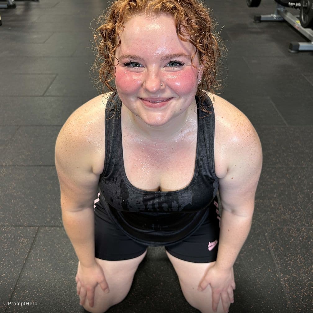 AI generated: Produce a photorealistic, candid, unplanned and sloppy gym photo of a 4'10", average-looking (averag...