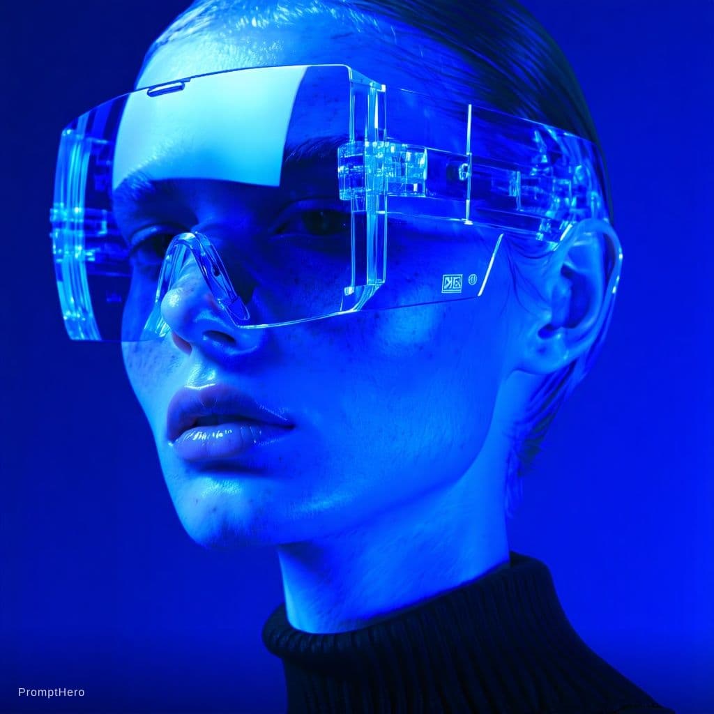 AI generated: Fashion shoot, Jacquemus and Moncler collaboration: dark blue translucent futuristic sunglasses, hyp...