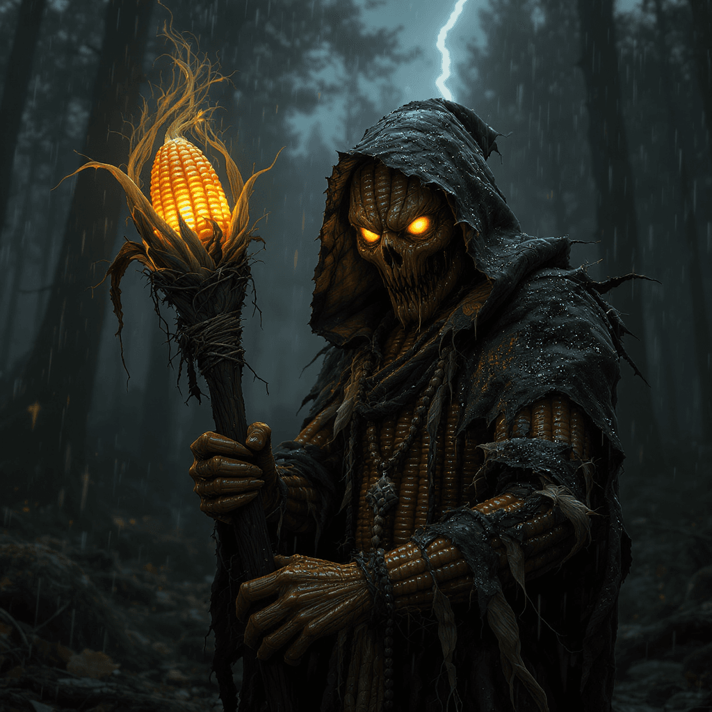AI generated: "A small humanoid corn priest standing in a foggy medieval forest under the pale moonlight. His body...