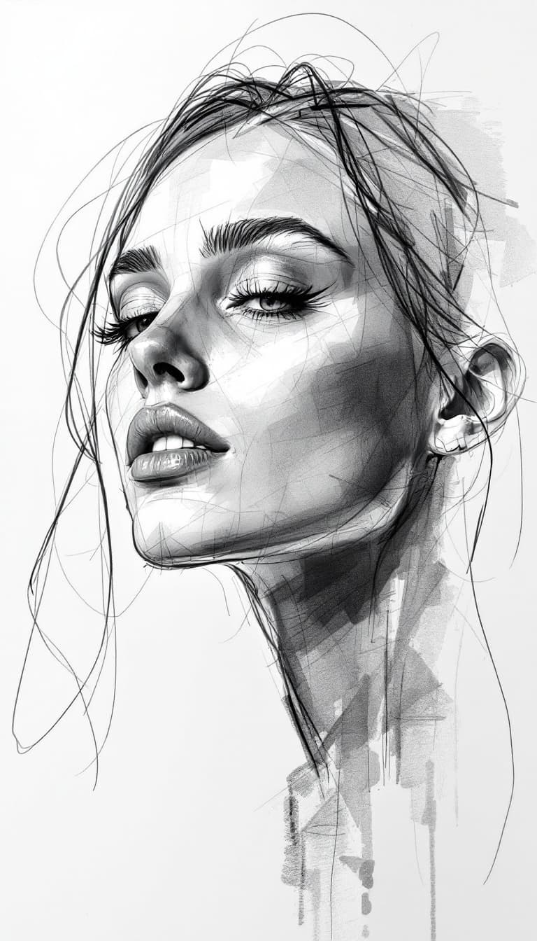 AI generated: sketch of a woman's face, expressive line-work, in the style of beautiful portraits --ar 35:64 --sty...