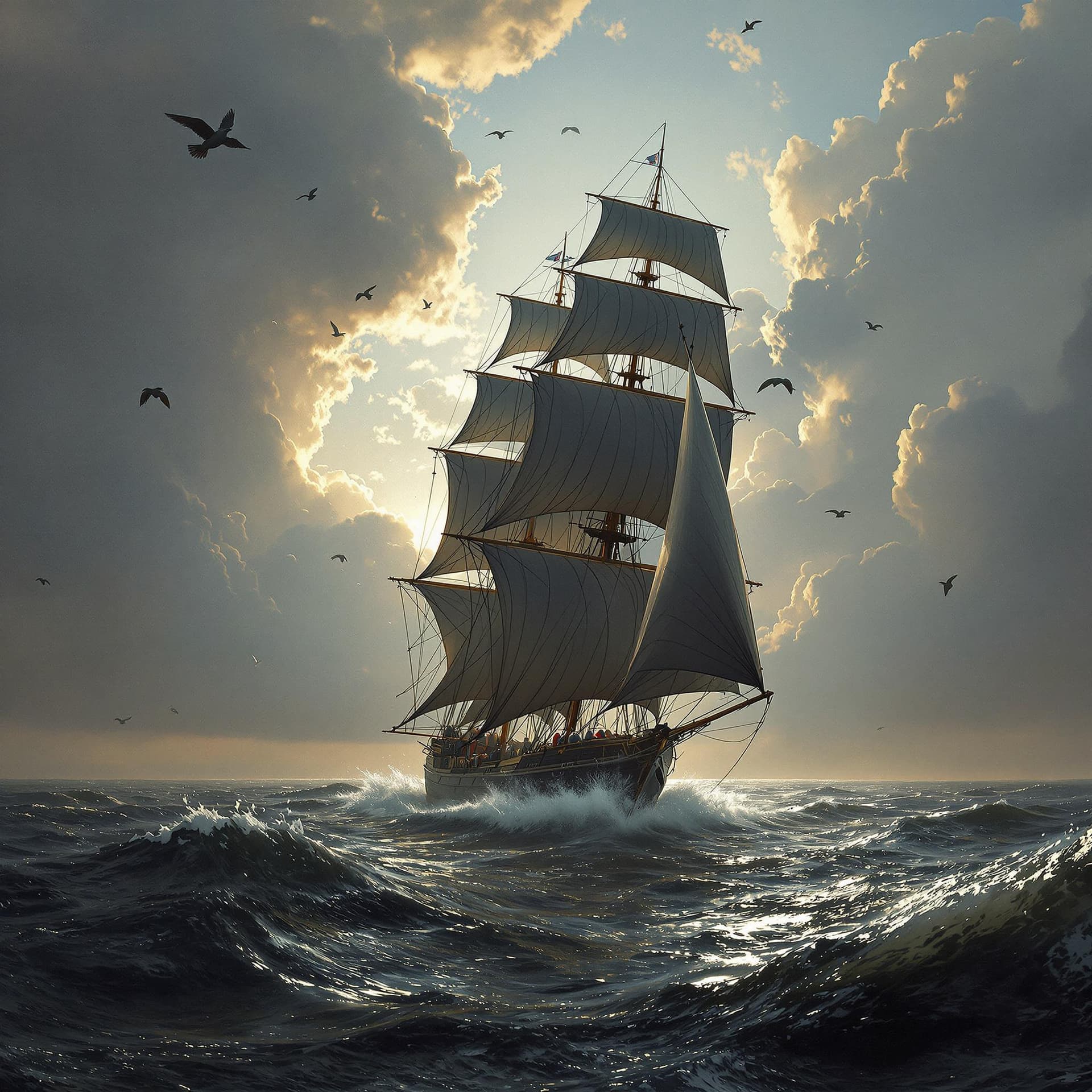 AI generated: An oil painting of three-masted black sailboat racing, Ocean birds overhead, fish and flying fish, A...