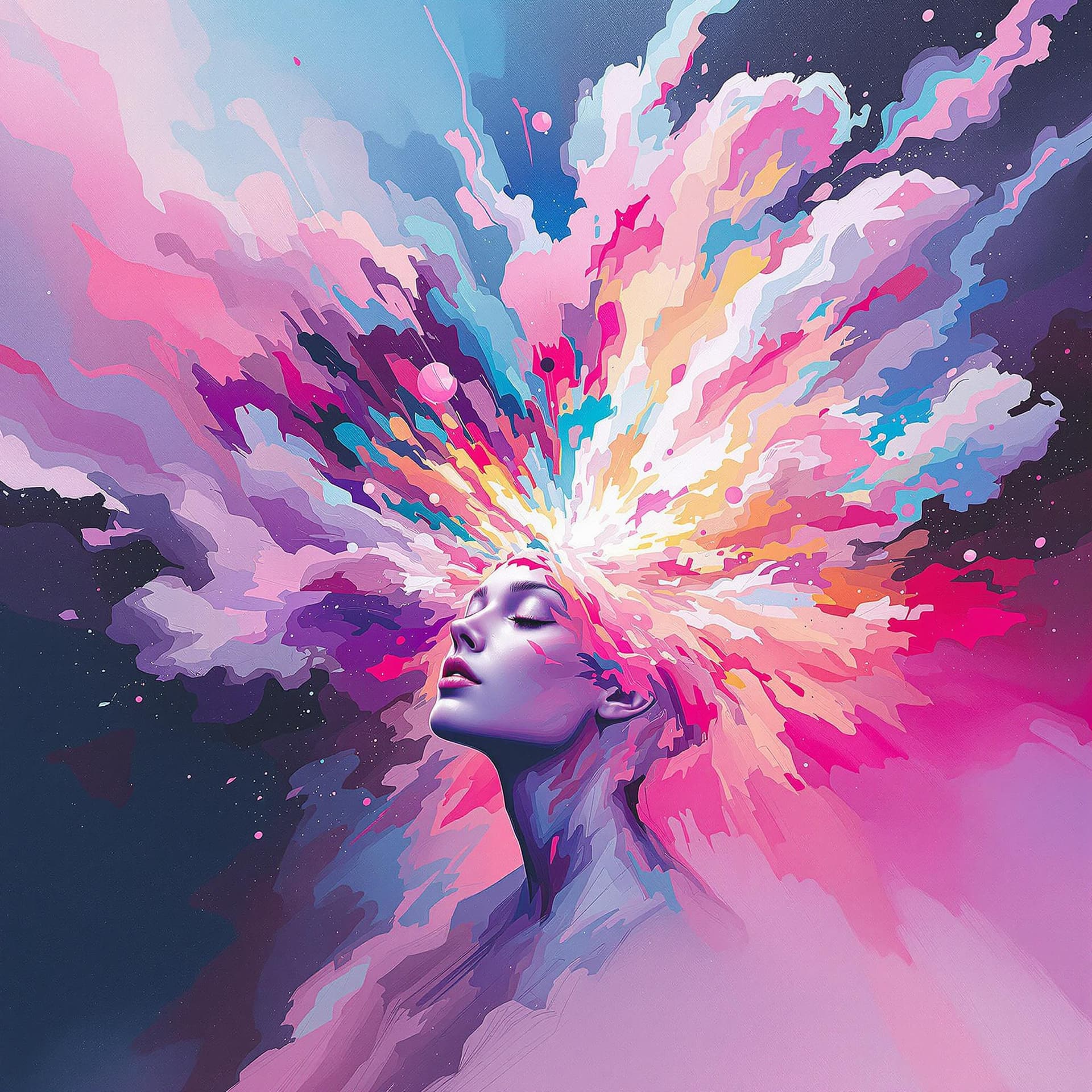 AI generated: "Abstract surrealist album cover in painterly style, a human head dissolving into vibrant clouds of ...