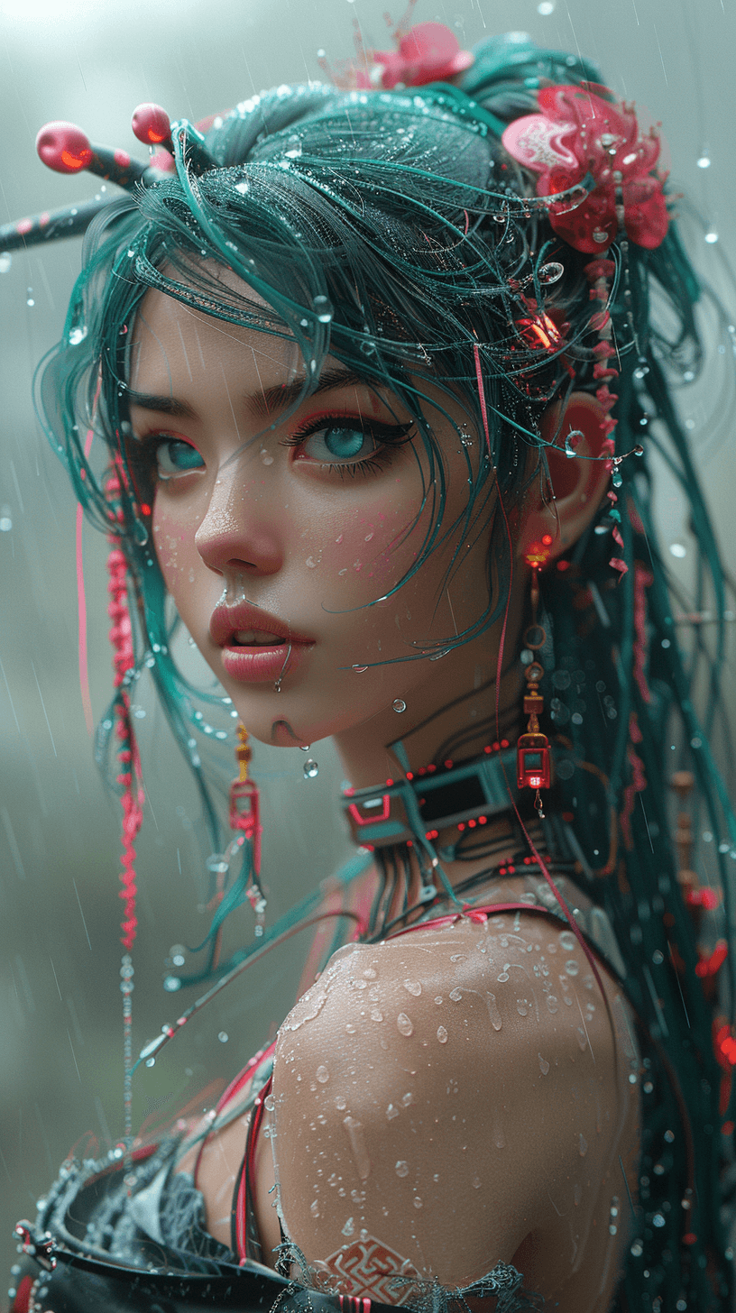 AI generated: a cyberpunk geisha with neon hair ornaments, in the style of Masamune Shirow, bioluminescent accents...