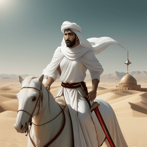 AI generated: Karbala, 1400 years ago, at the height of the battle, Imam Hussein, beautiful face , wearing a white...